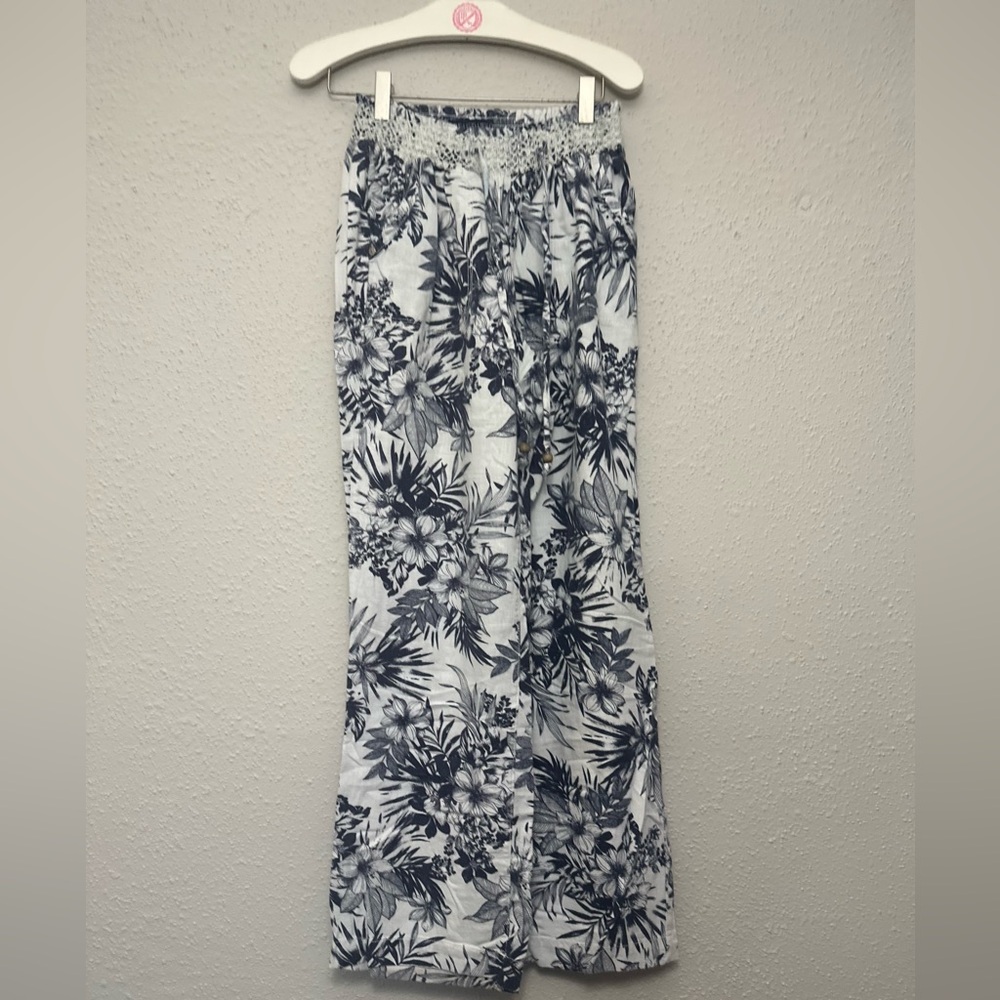 Floral Wide Leg Pants - Black and White